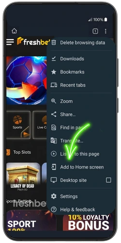 Browser menu on FreshBet
