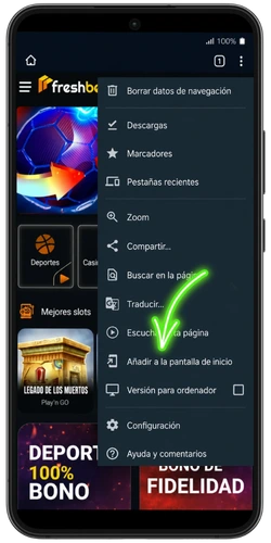 Menú del navegador en FreshBet