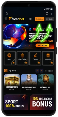 FreshBet-Startseite mit den Schaltflächen Registrieren und Anmelden