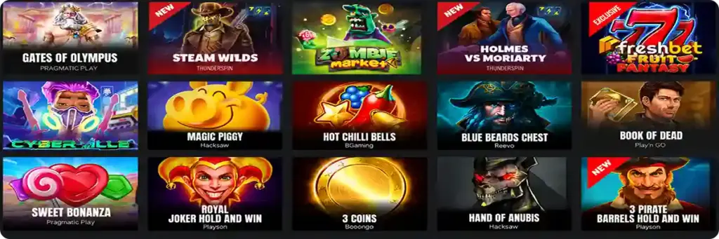Grid of popular slot games on FreshBet