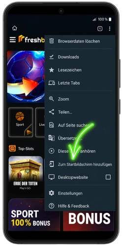 Browser-Menü bei FreshBet