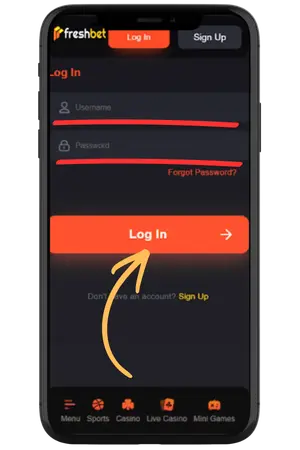 Enter email and password to complete Freshbet login