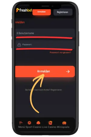 -Mail und Passwort eingeben, um den Freshbet login abzuschließen